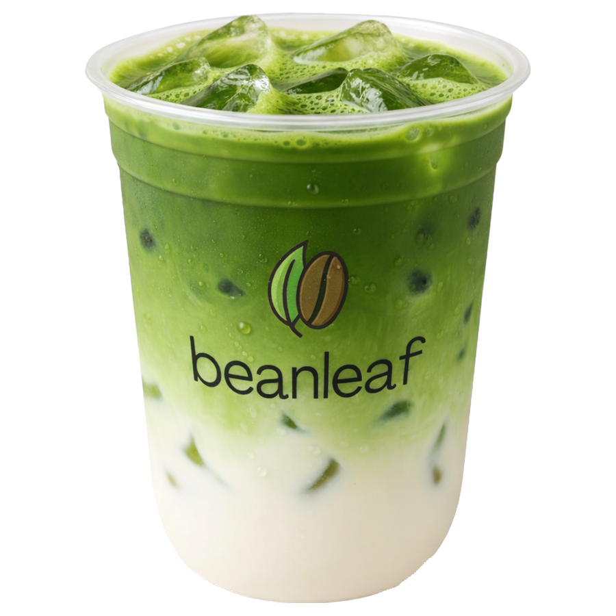 Iced ceremonial matcha latte in a Beanleaf cup