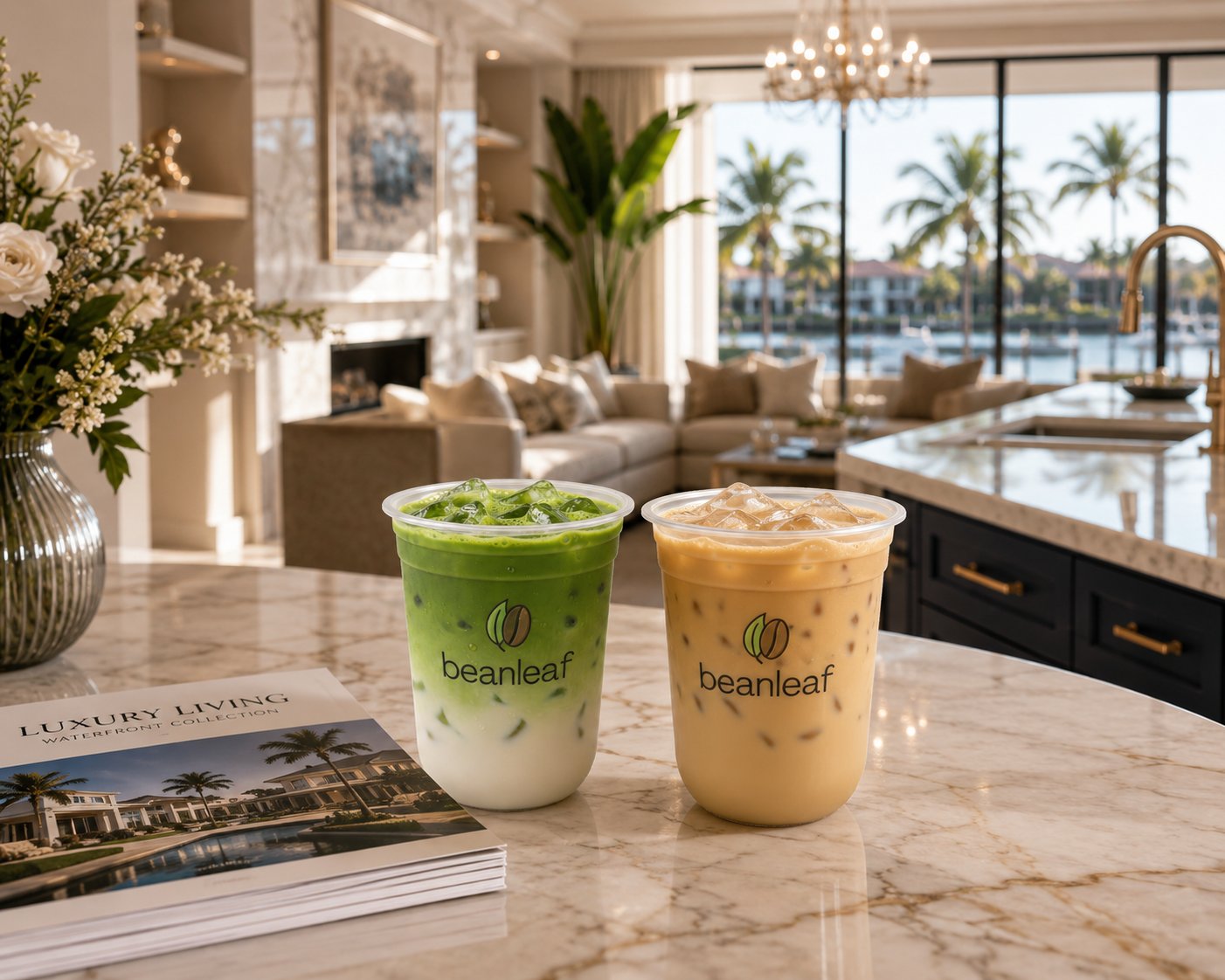 Two Beanleaf drinks on a marble island in a waterfront luxury listing