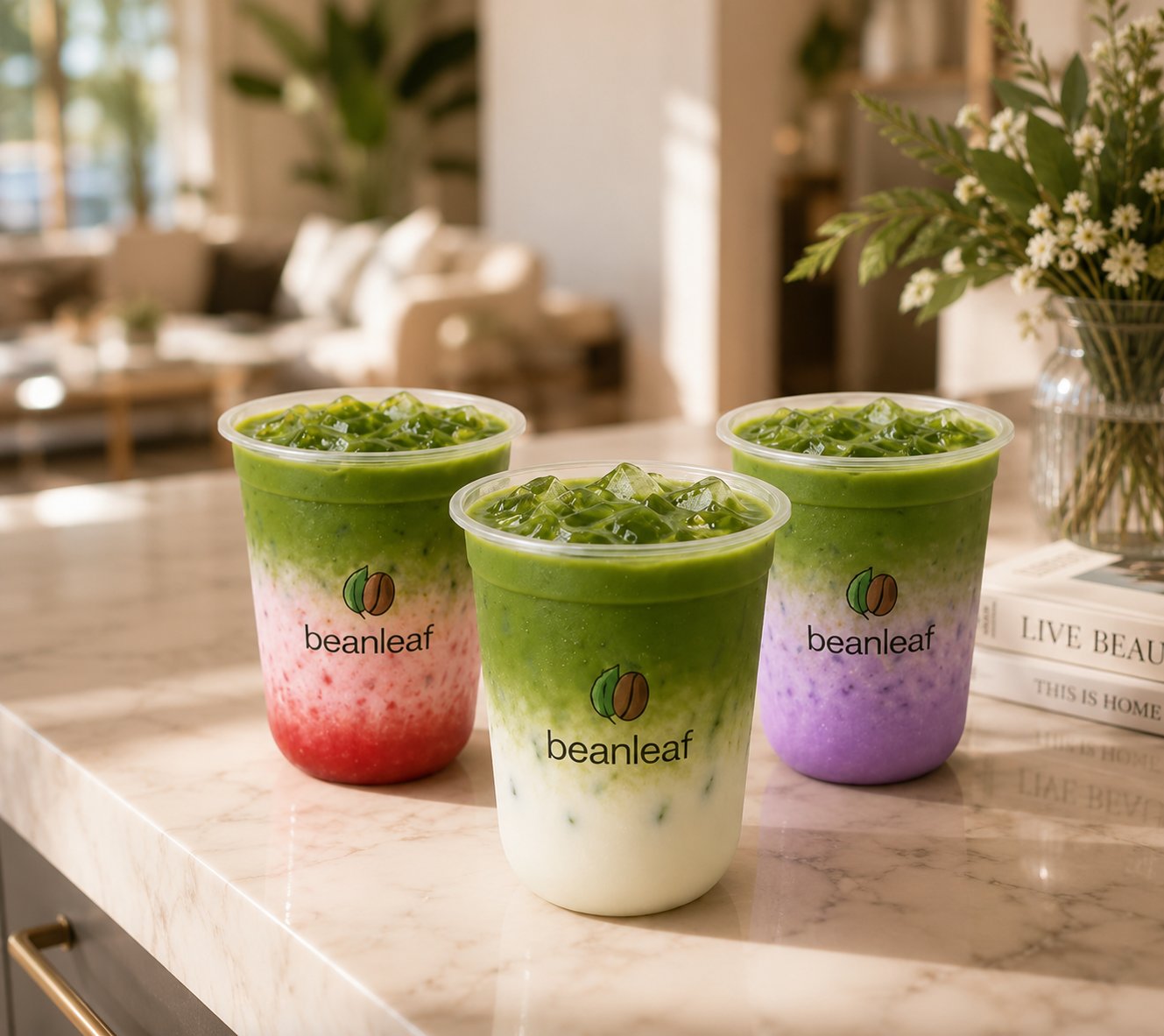 Three layered matcha drinks on a marble counter
