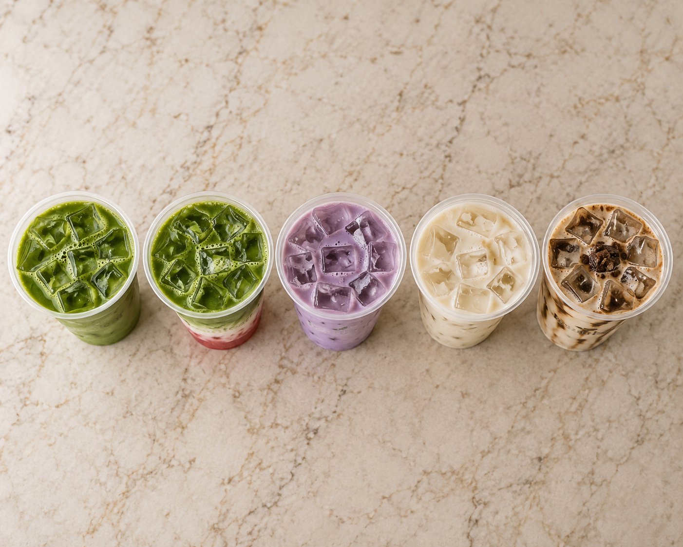 Beanleaf signature drinks photographed from above on marble