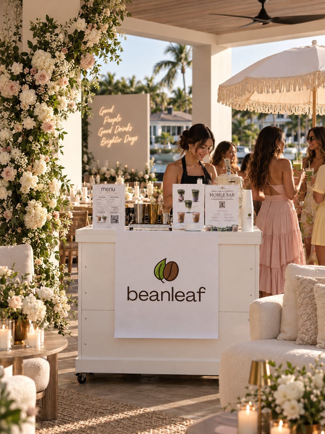 Beanleaf bar serving guests beside a floral arrangement at a waterfront wedding