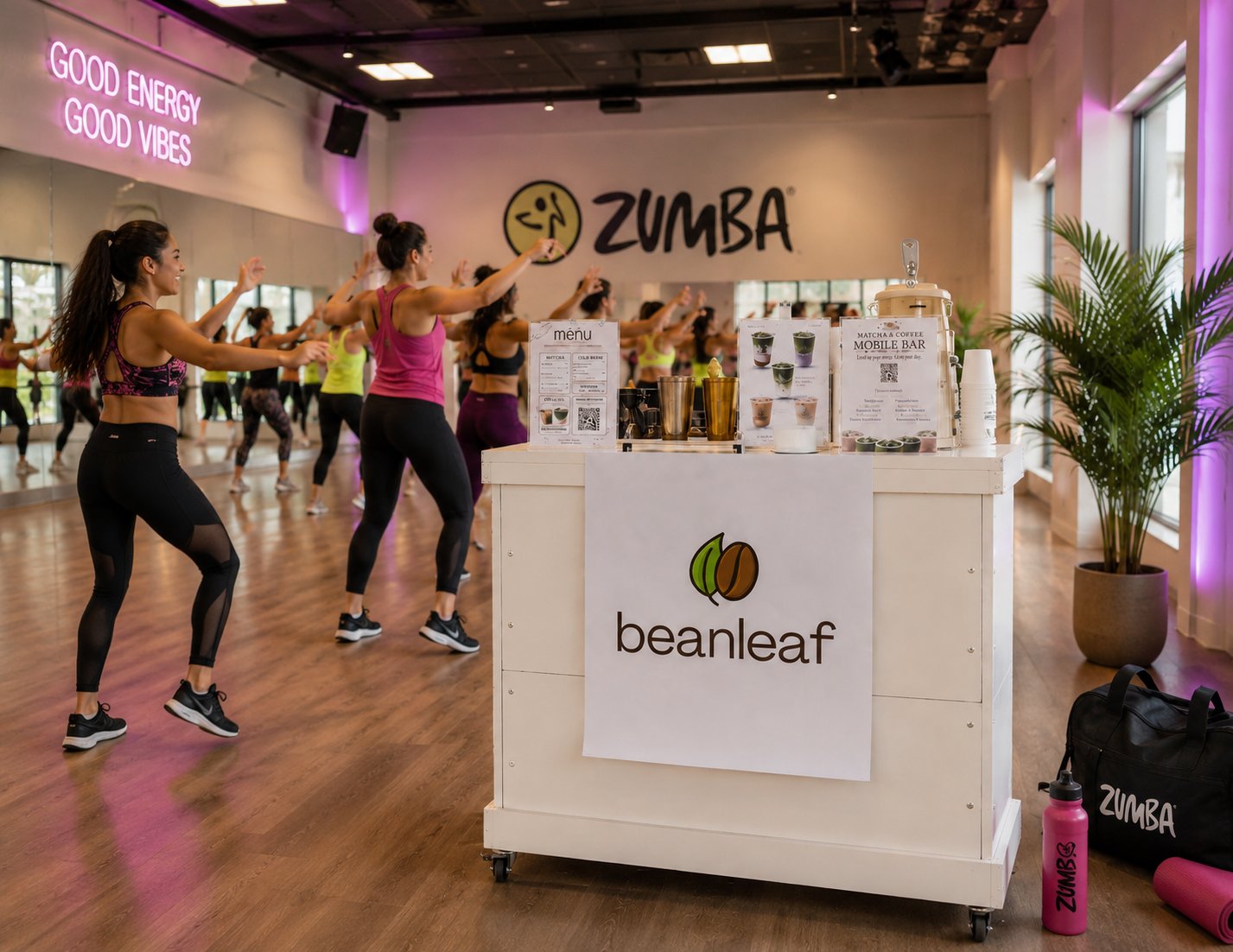 Beanleaf matcha and coffee bar beside a group fitness class in a dance studio